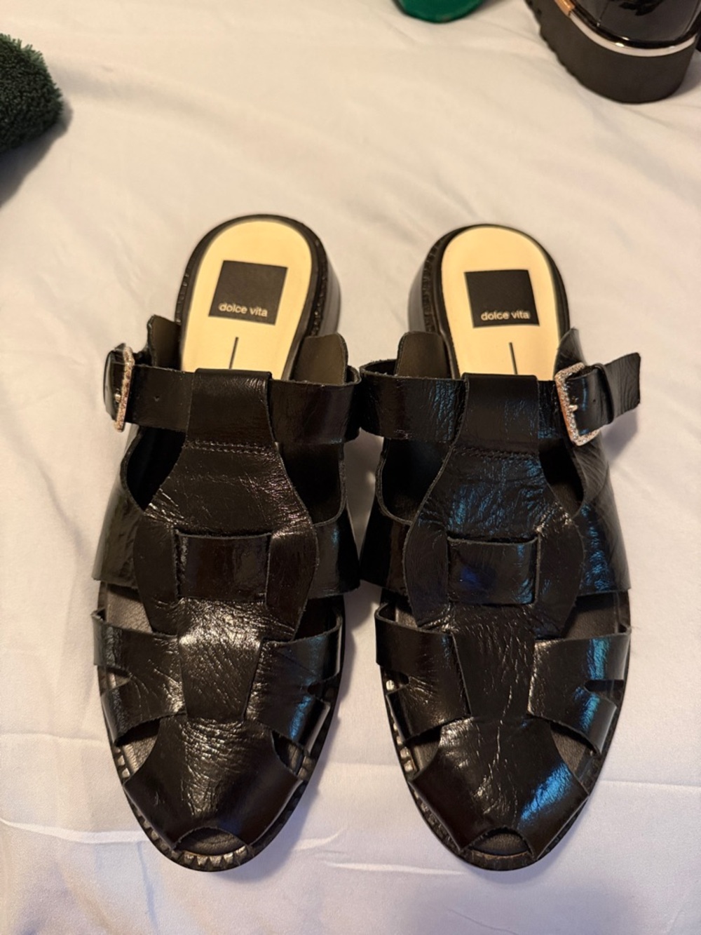 Dolce Vita Black Patent Leather Fisherman Mules with Buckle